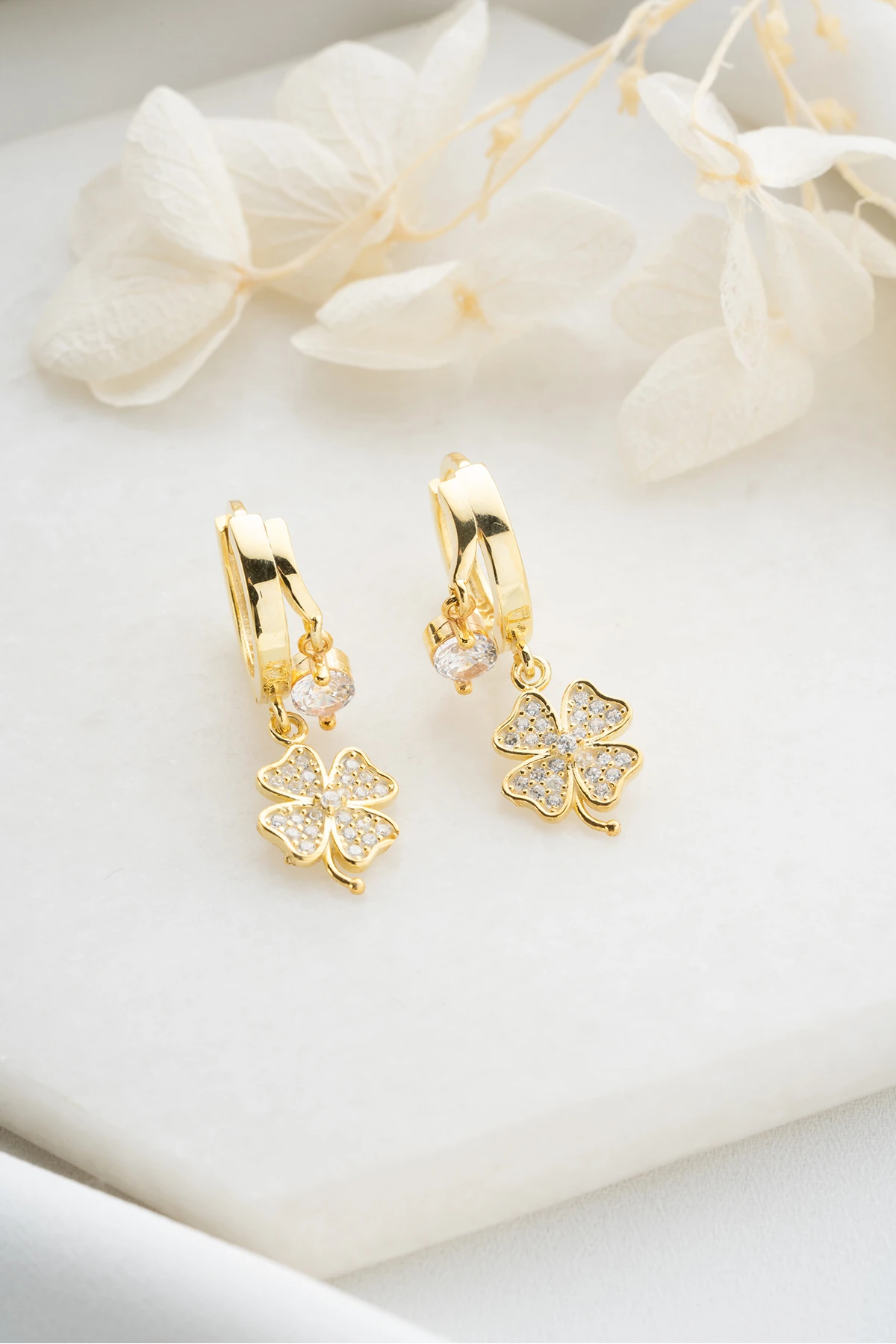 Gümüş Çift Taşlı Yonca Küpe