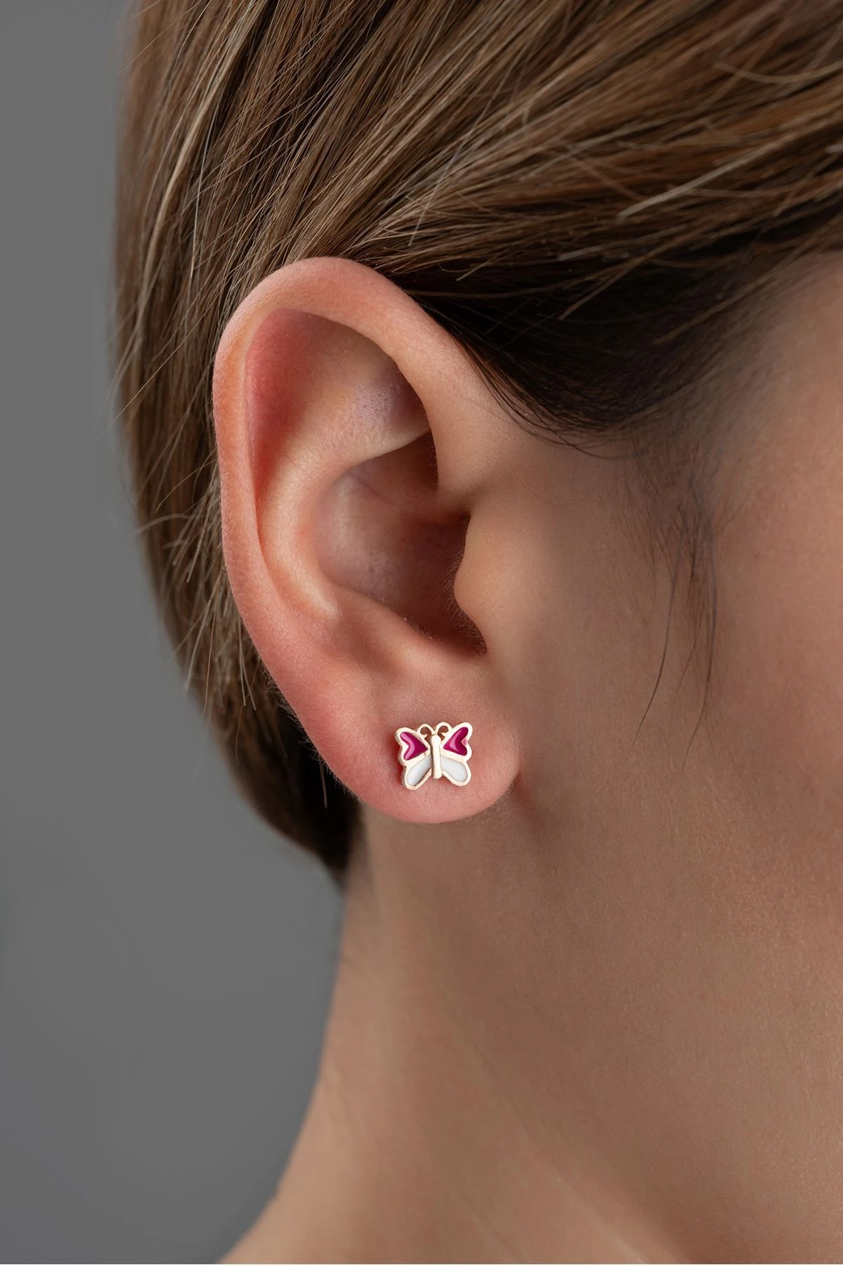 Gümüş Fuşya Kelebek Minik Çivili Küpe