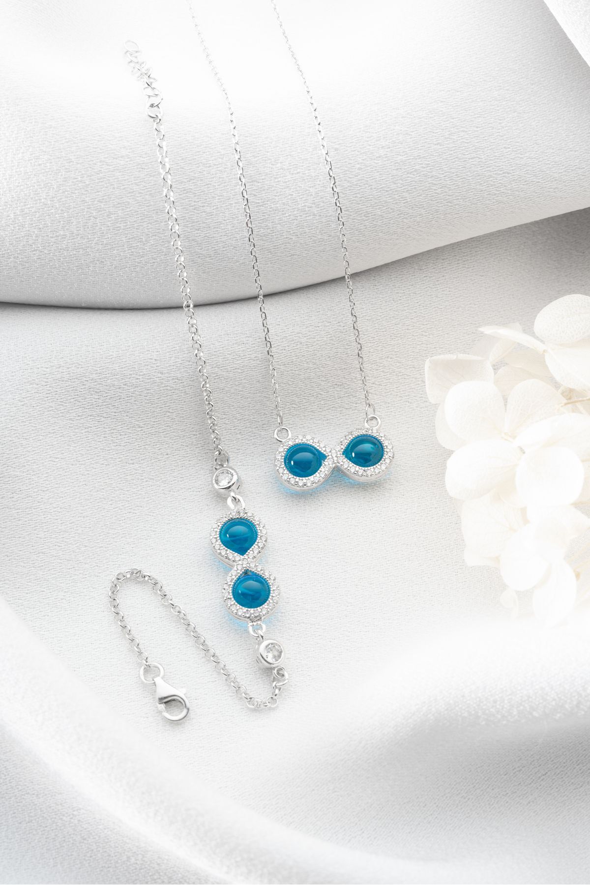 Gümüş Mavi Taşlı Sonsuzluk Kolye Bileklik Set