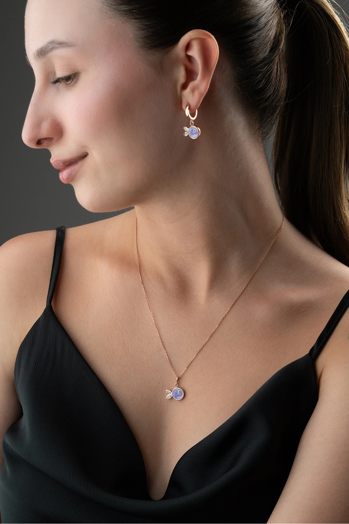 Gümüş Mor Mineli Balık (Kolye-Küpe) Takı Seti