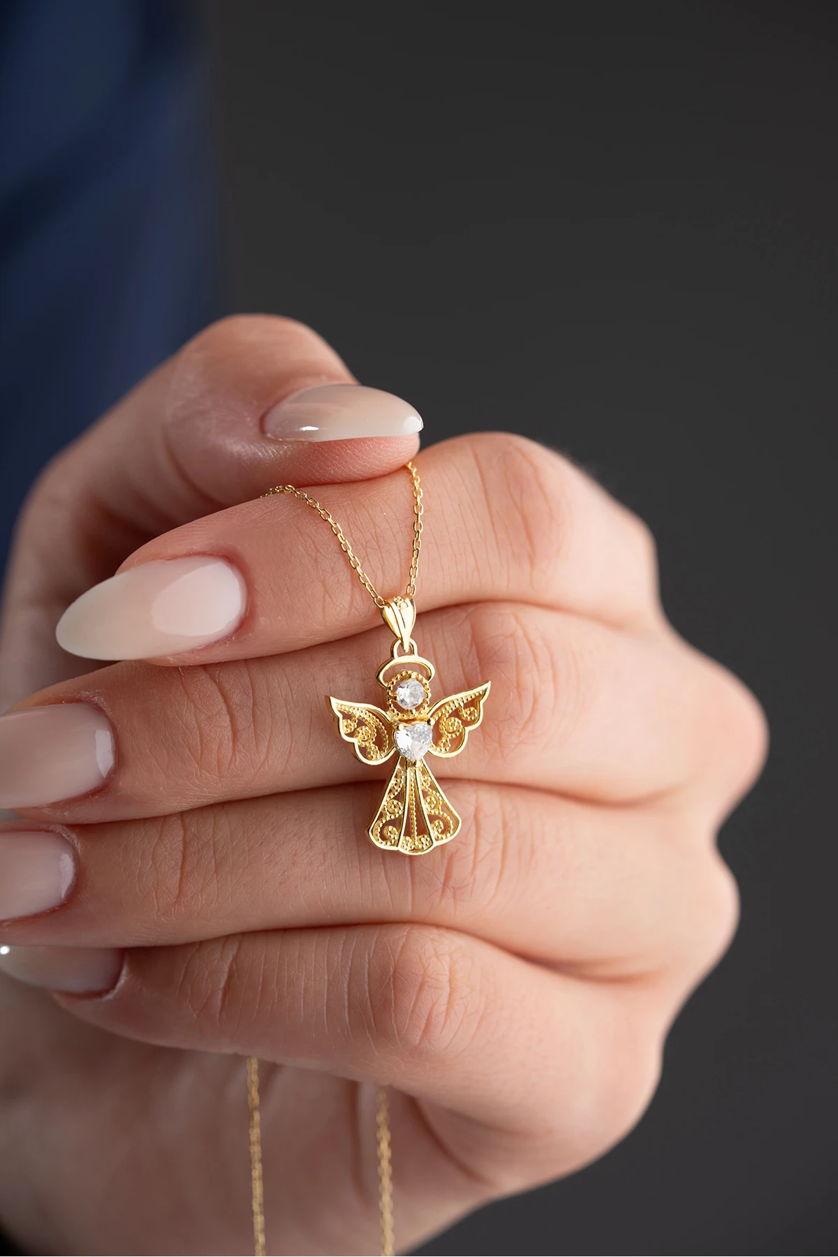 Gümüş Gold Kalp Tektaş Melek Kolye