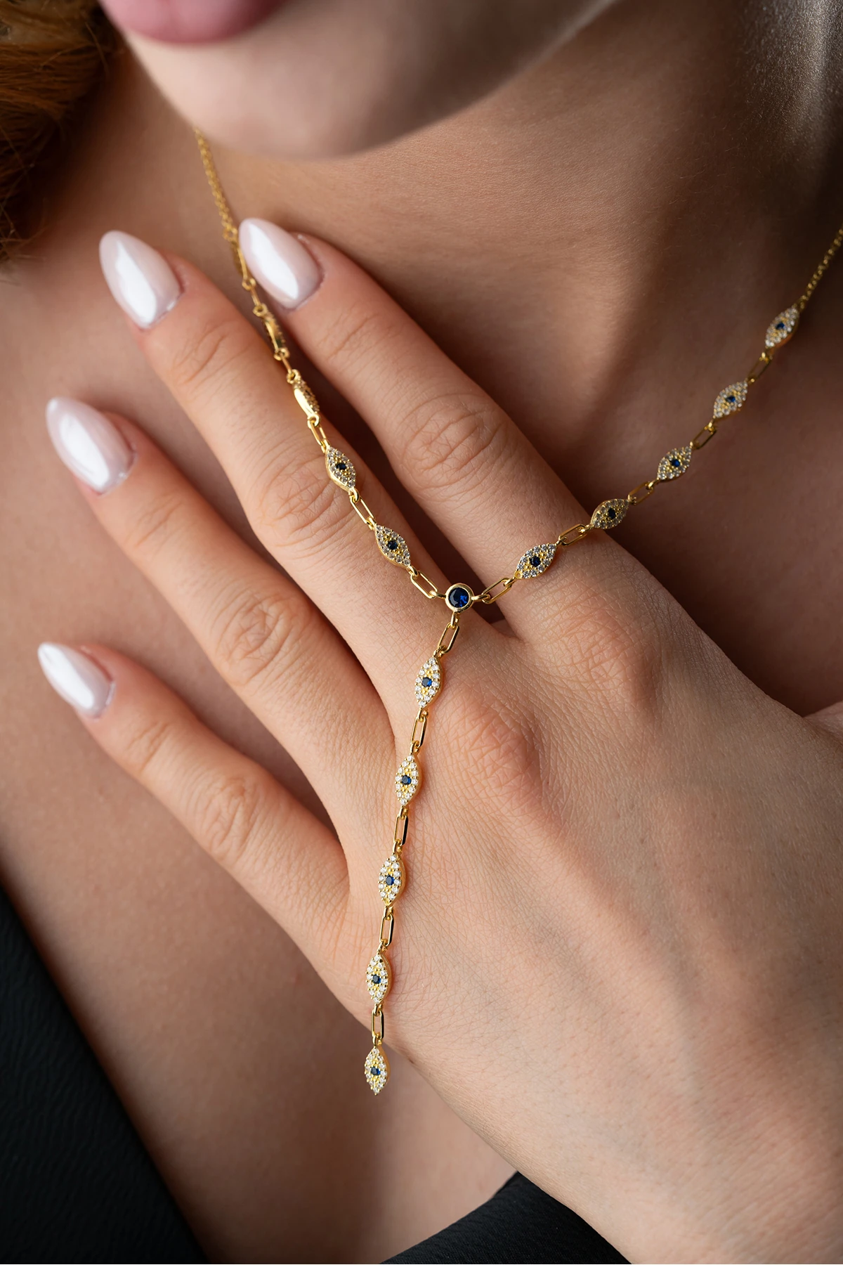 Gümüş Taşlı Y Zincir Göz Kolye