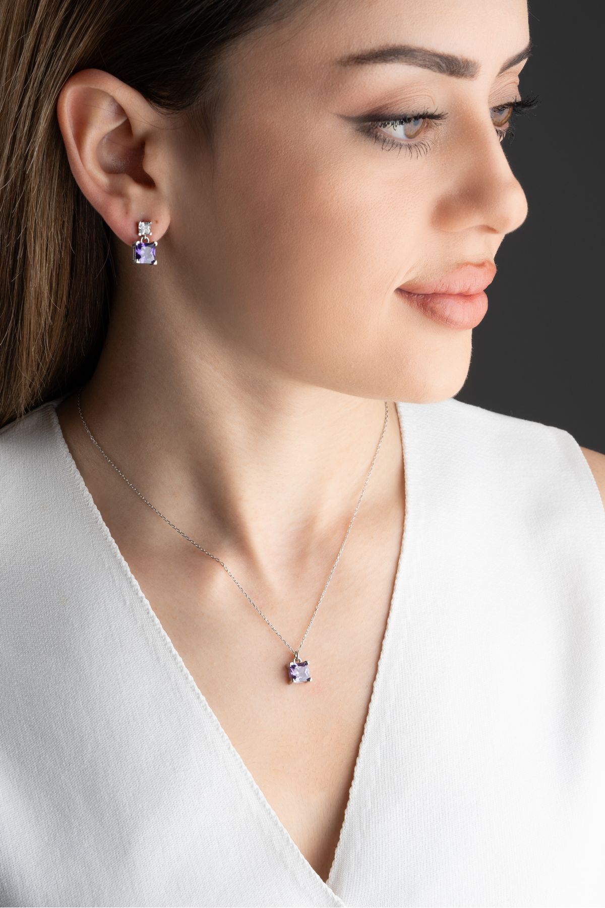 Gümüş Baget Taşlı Kolye Küpe Seti