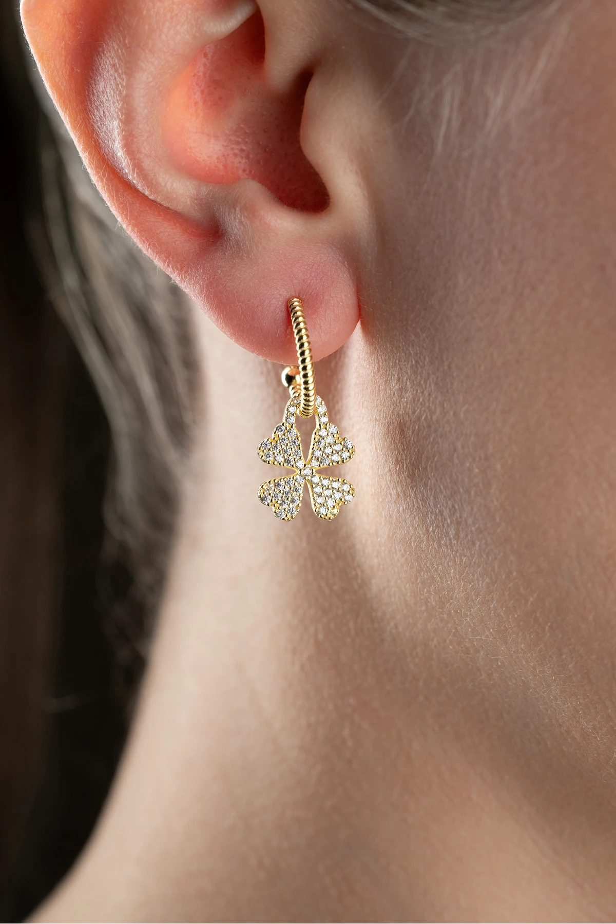 Gümüş Gold Zirkon Taşlı Yonca Küpe