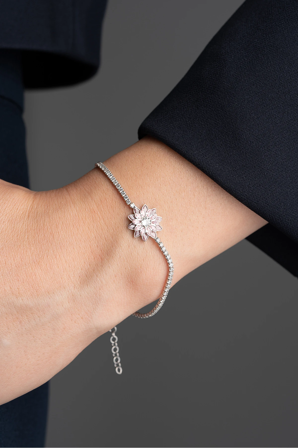 Gümüş Pembe Taşlı Lotus Su Yolu Bileklik