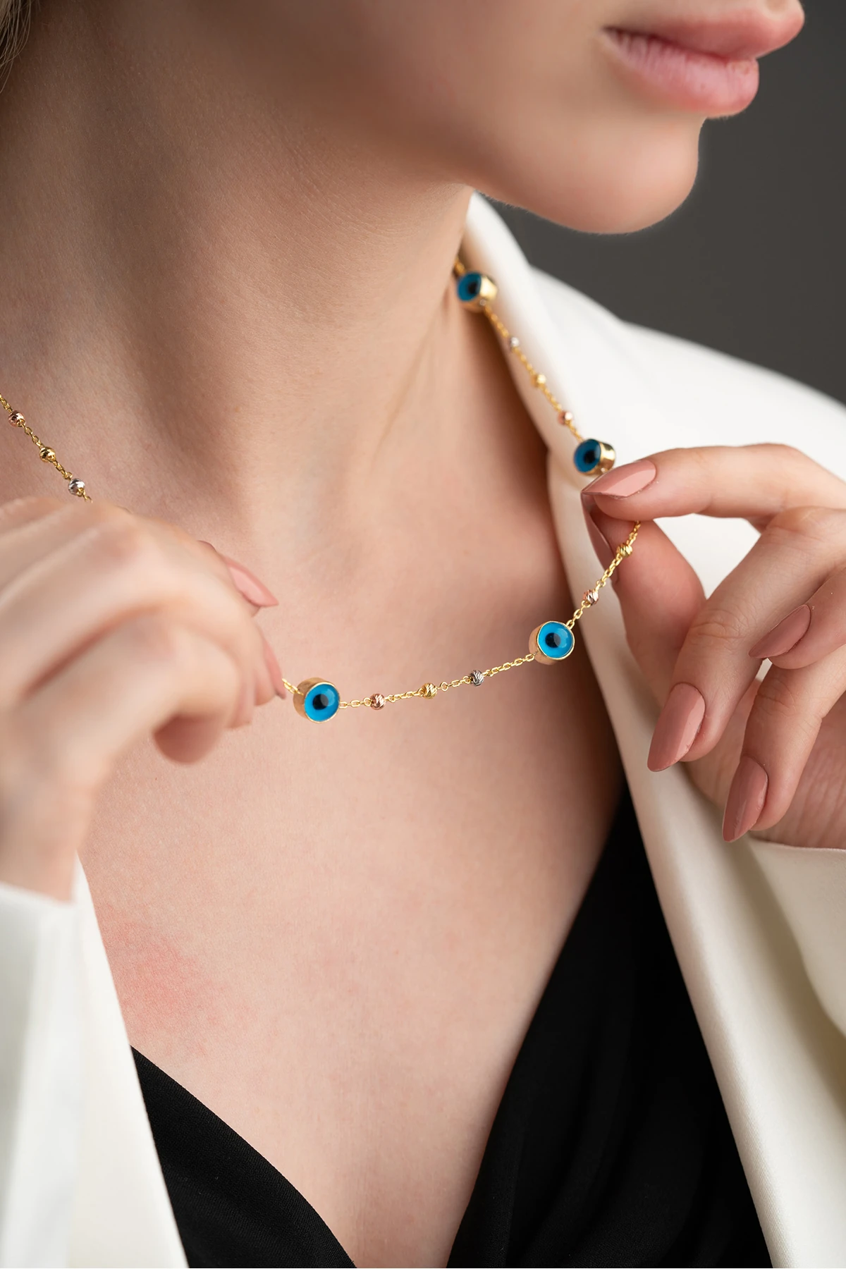 Gümüş Toplu Göz Nazarlı Kolye