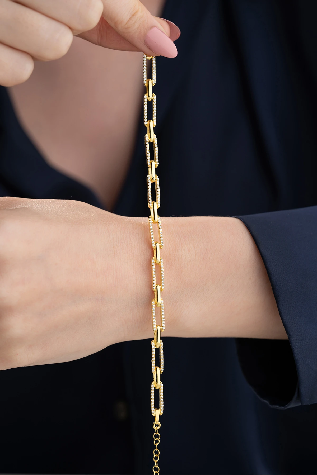 Gümüş Gold Zirkon Taşlı Zincir Bileklik