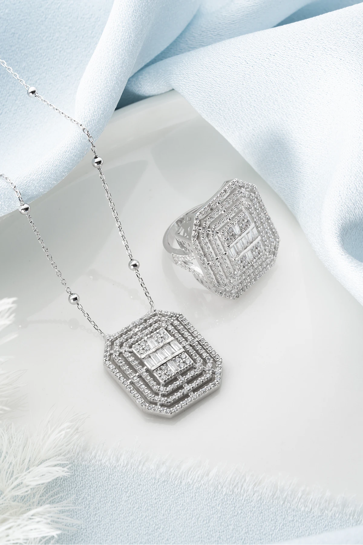 Gümüş Baget Taşlı (Kolye-Yüzük) Seti