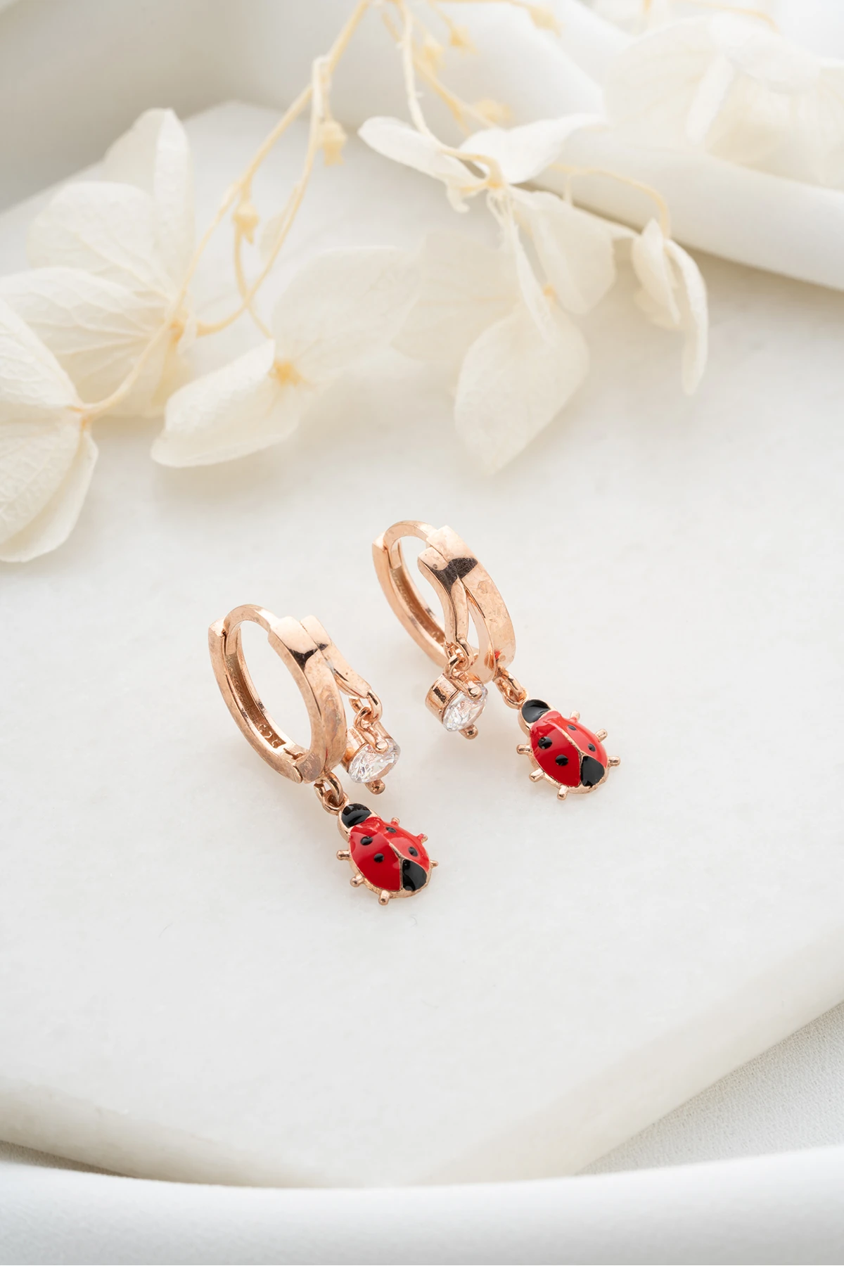 Gümüş Çift Uğur Böcekli Taşlı Küpe