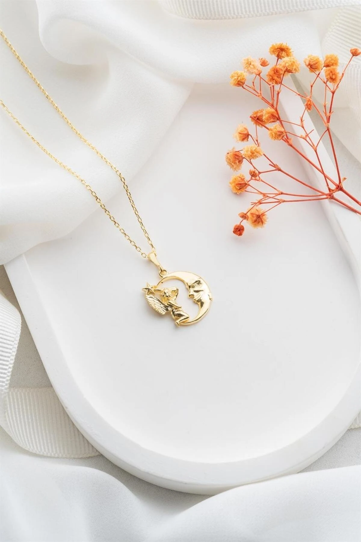 Gold Perili Hilal Gümüş Kolye