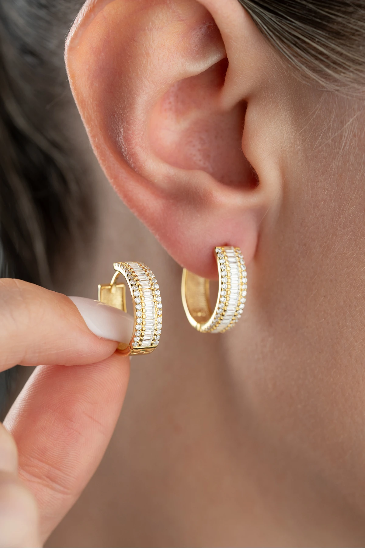 Gümüş Gold Baget Taşlı Halka Küpe