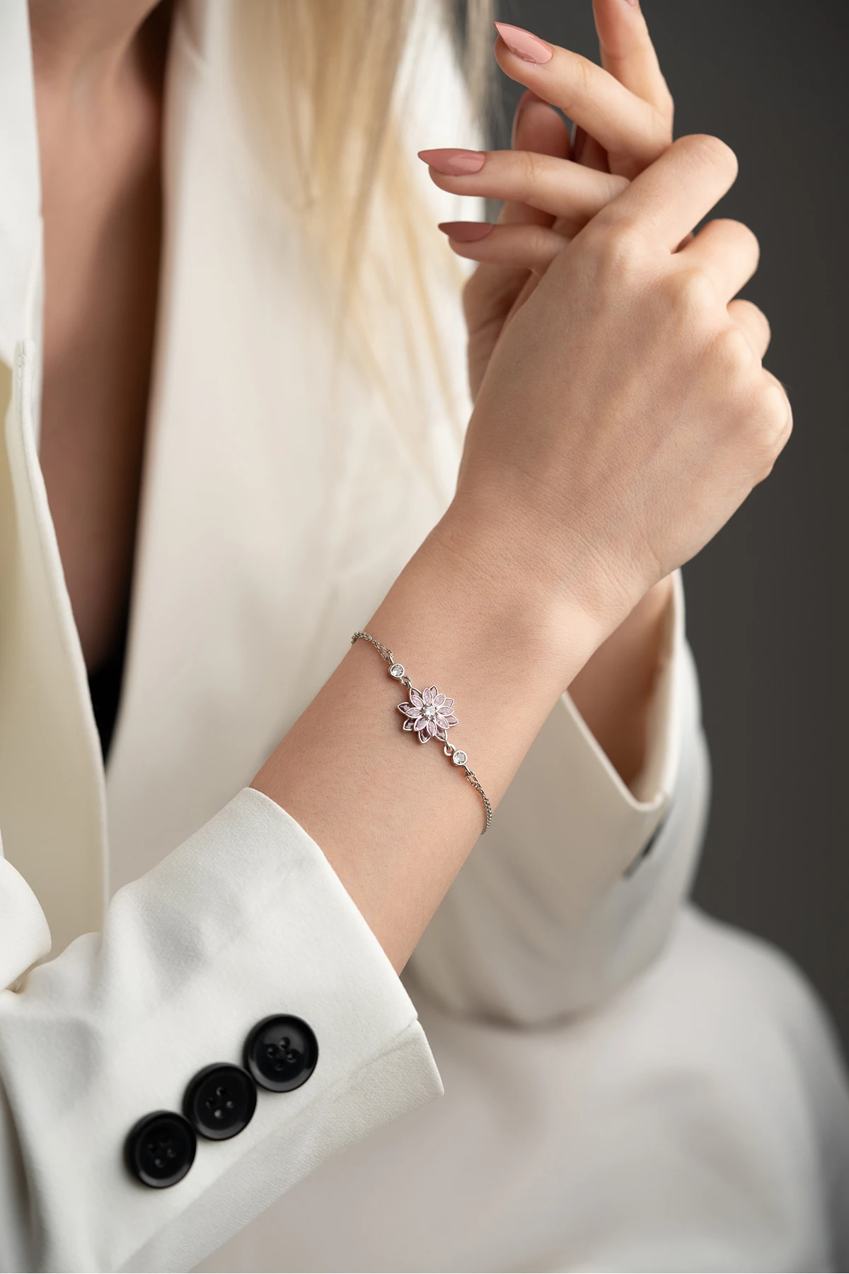 Gümüş Pembe Taşlı Lotus Bileklik