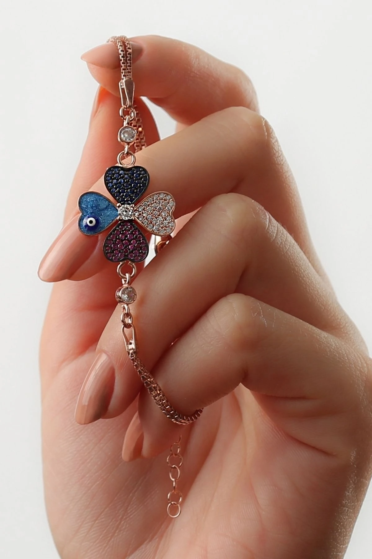 Rose Renkli Yonca Gümüş Bileklik