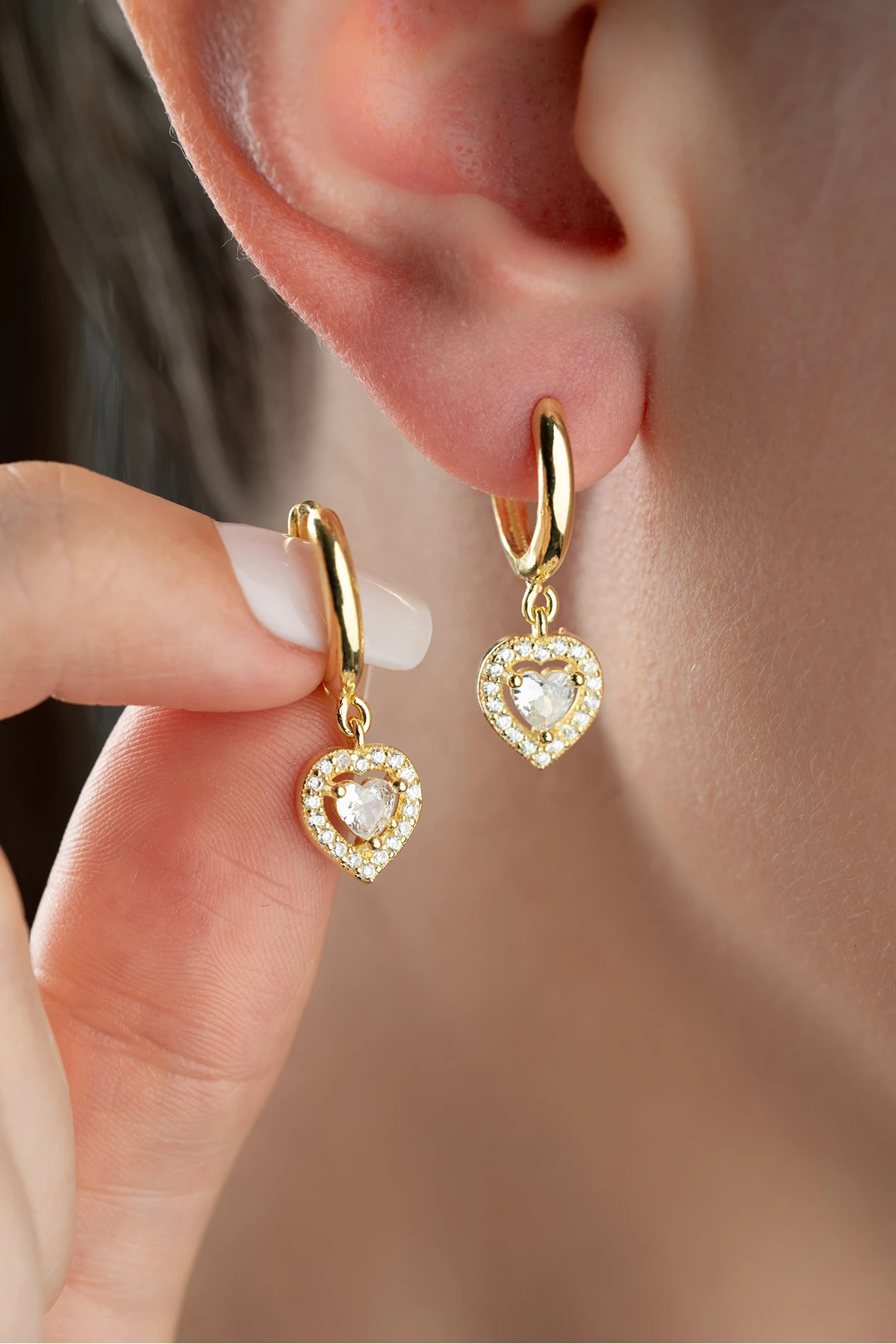 Gümüş Gold Zirkon Taşlı Kalp Küpe