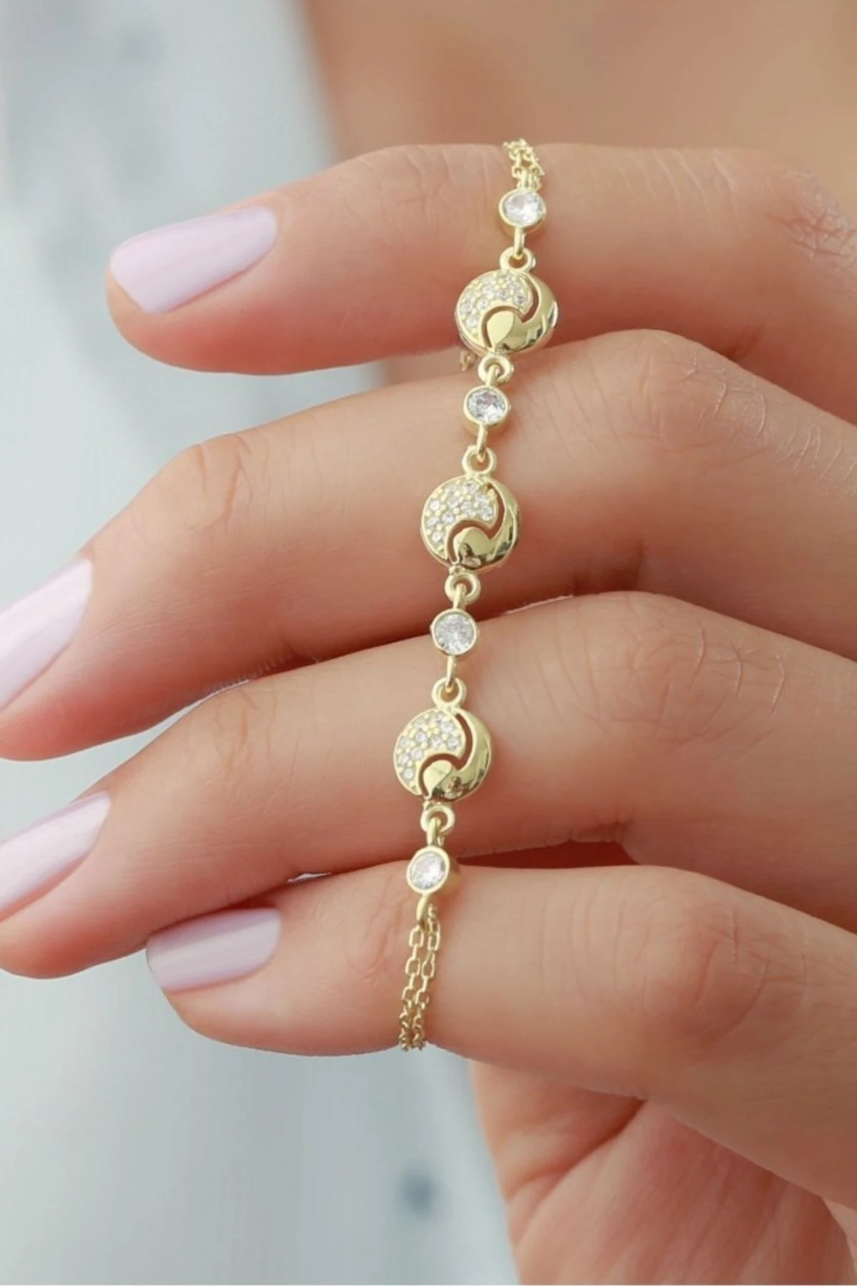 Gold Yuvarlak Zirkon Taşlı Gümüş Bileklik