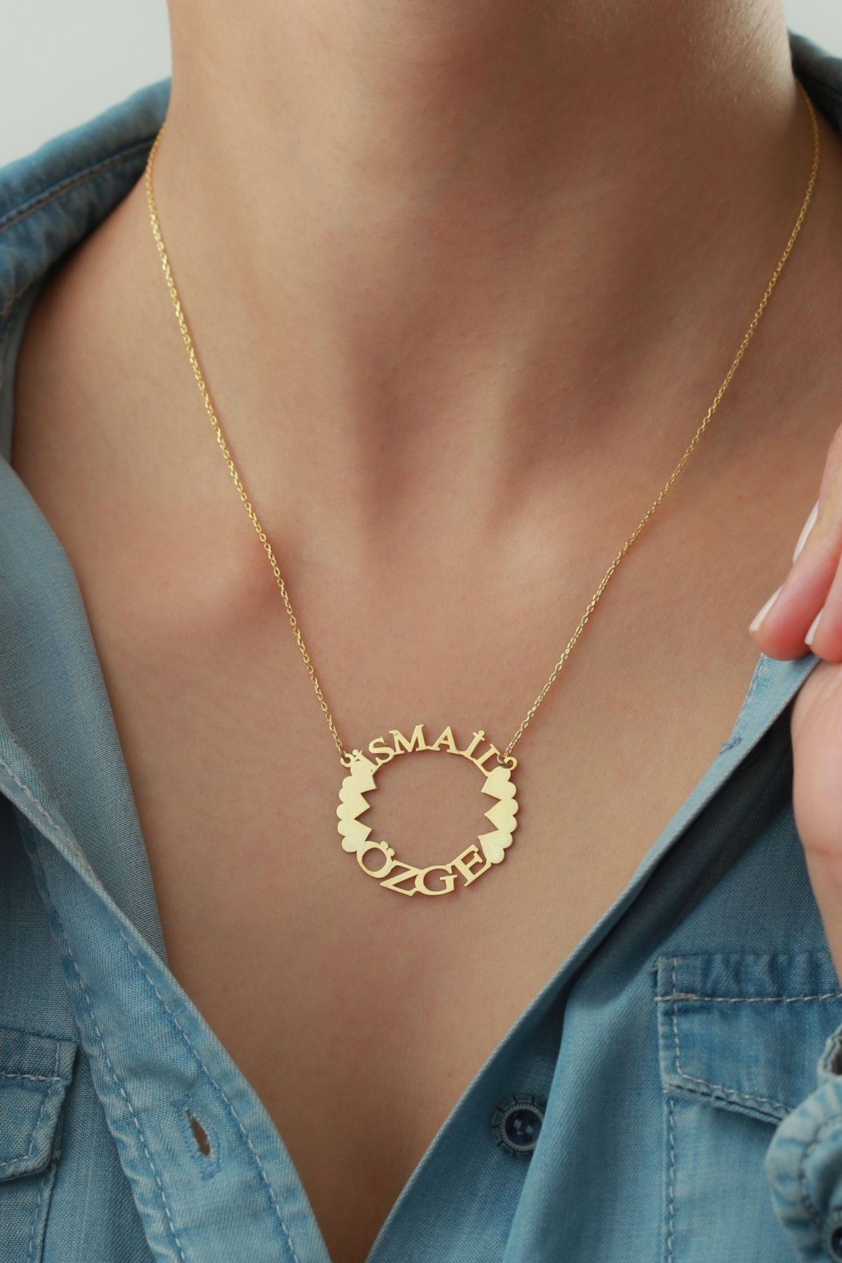 Gümüş Isimli Kalpli Halka Kolye