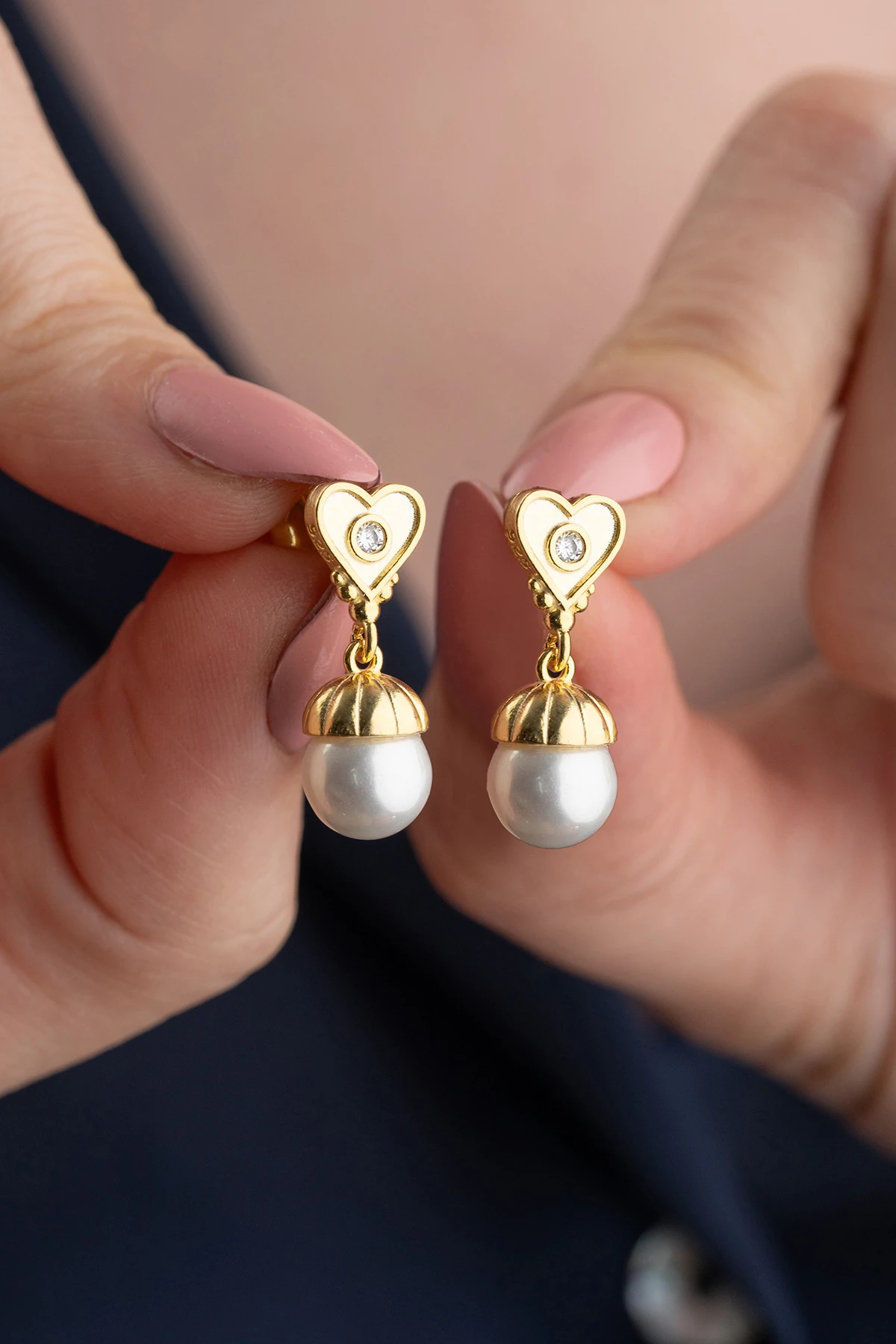 Gümüş incili Kalpli Gold Küpe