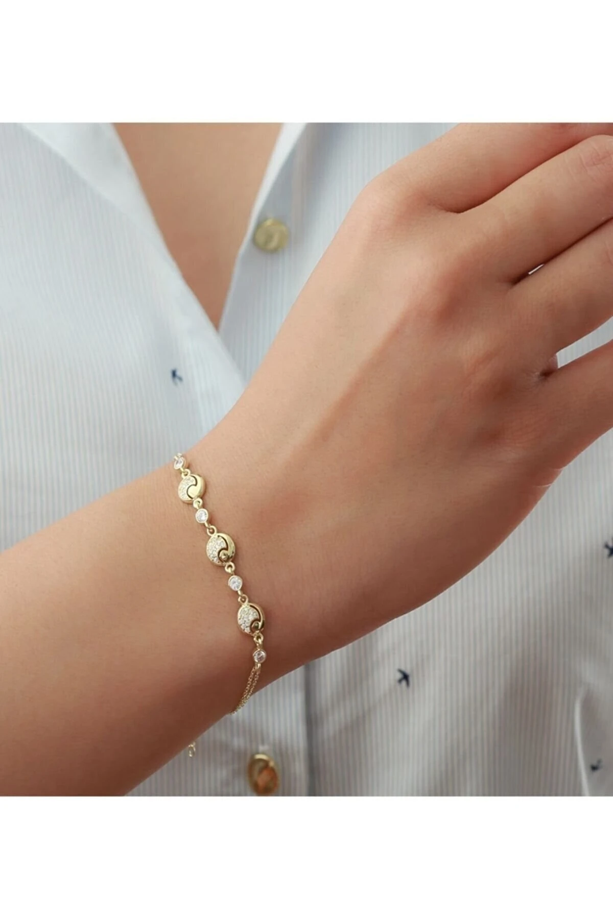 Gold Yuvarlak Zirkon Taşlı Gümüş Bileklik