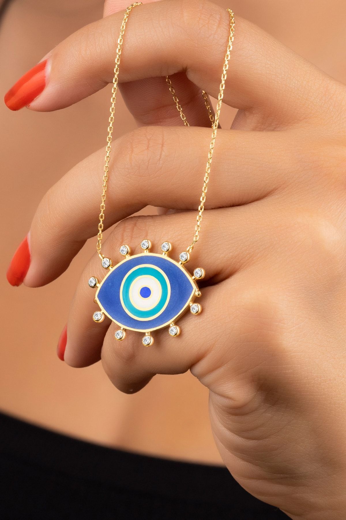 Gümüş Gold Taşlı Mineli Nazar Kolye