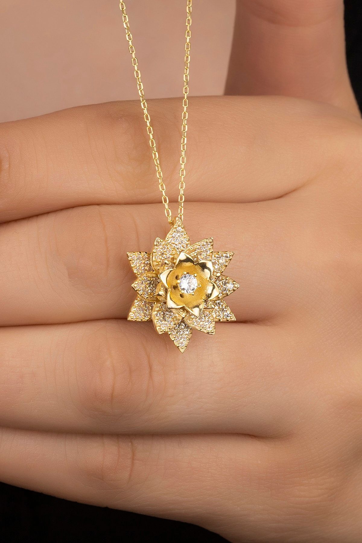 Gümüş Gold Lotus Çiçeği Kolye