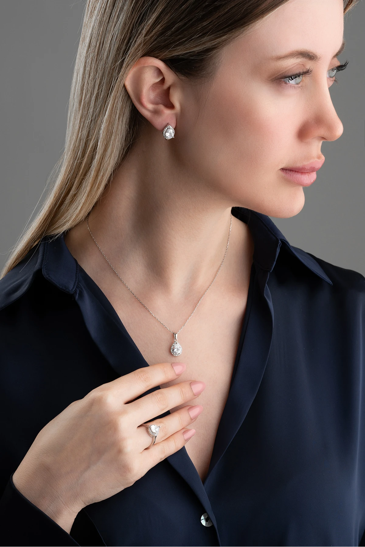 Gümüş Damla Taşlı (Kolye-Küpe-Yüzük) Set