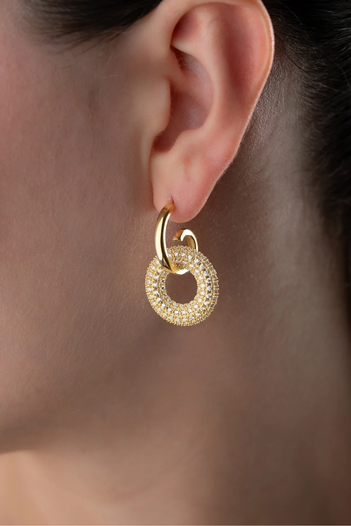 Gümüş Taşlı Çift Halka Küpe