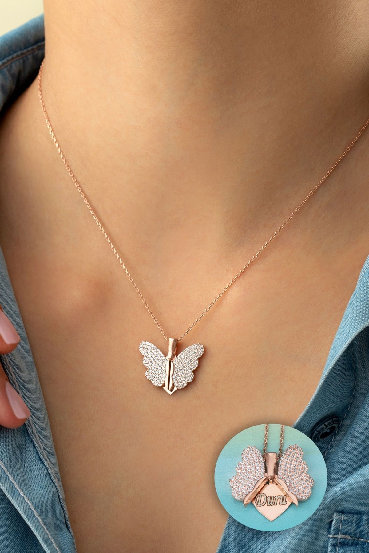 Gümüş Isimli Açılan Kelebek Kolye ( Rose )