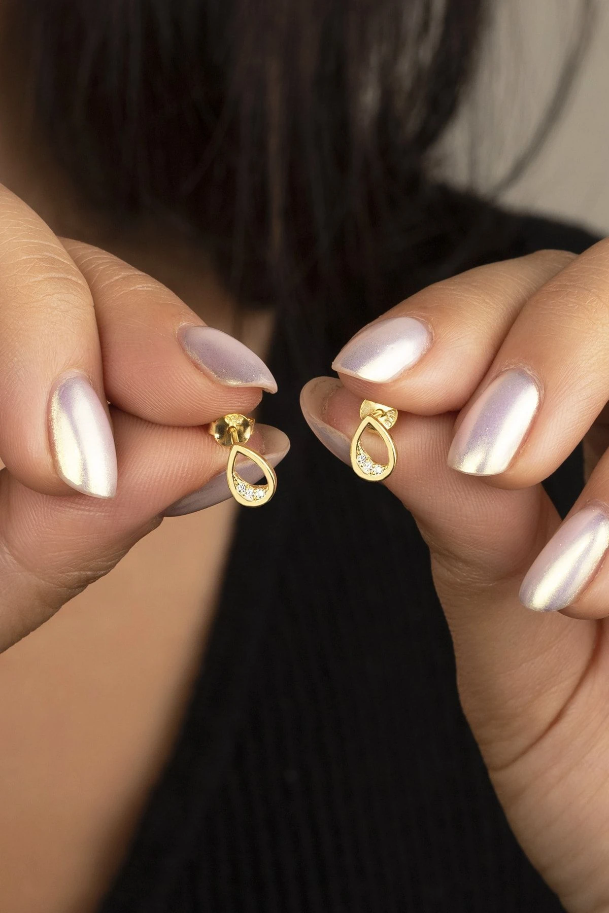 Gold Zirkon Taşlı Damla Gümüş Küpe