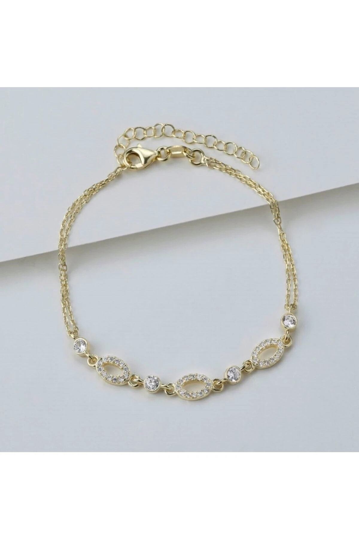 Oval Taşlı Model Gold Gümüş Bileklik