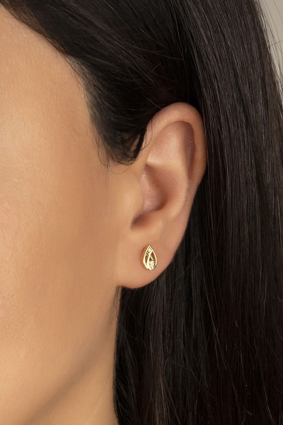 Gold Zirkon Taşlı Damla Gümüş Küpe