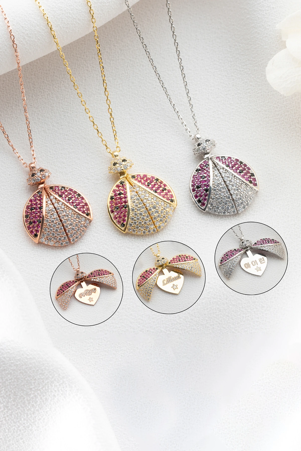 Gümüş Zirkon Taşlı Isimli Açılan Uğur Böceği Kolye