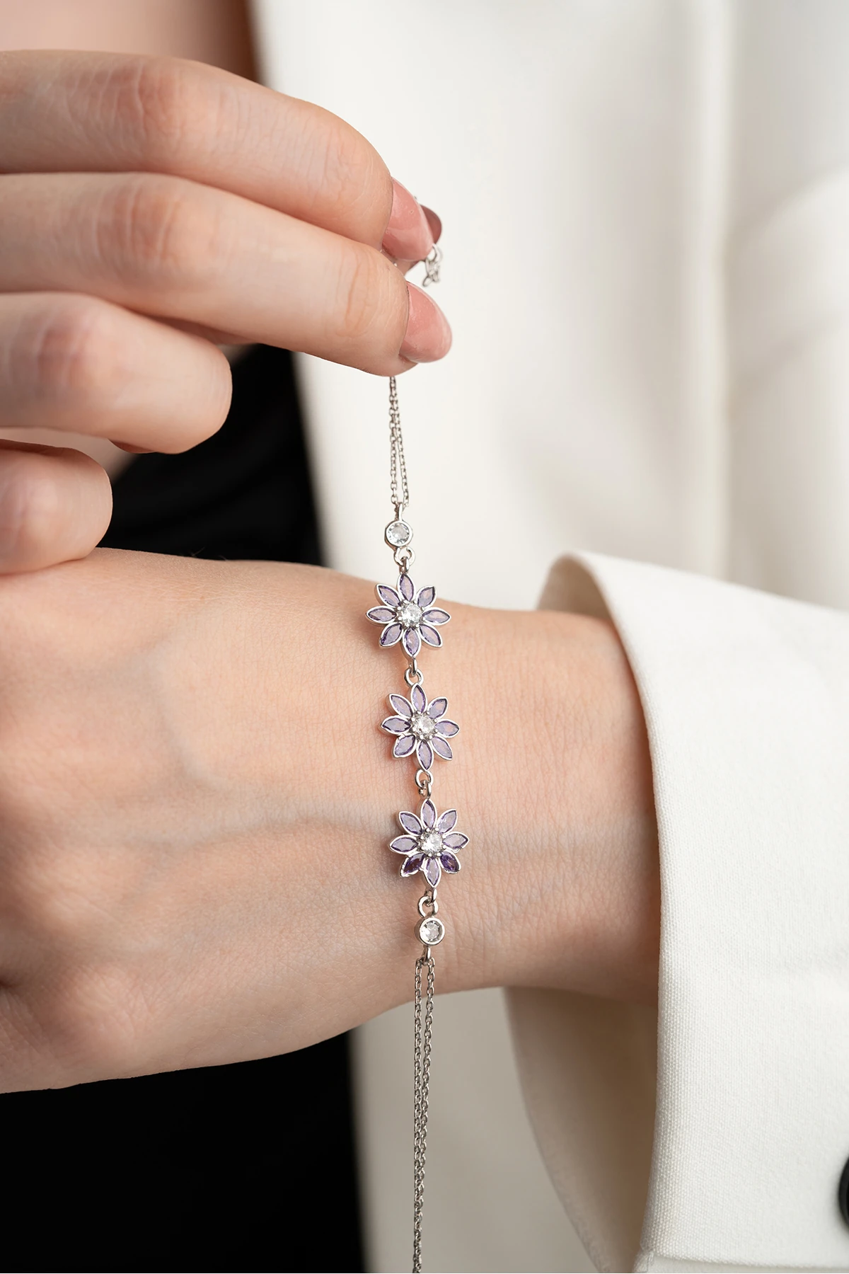 Gümüş Mor Taşlı 3'lü Lotus Bileklik