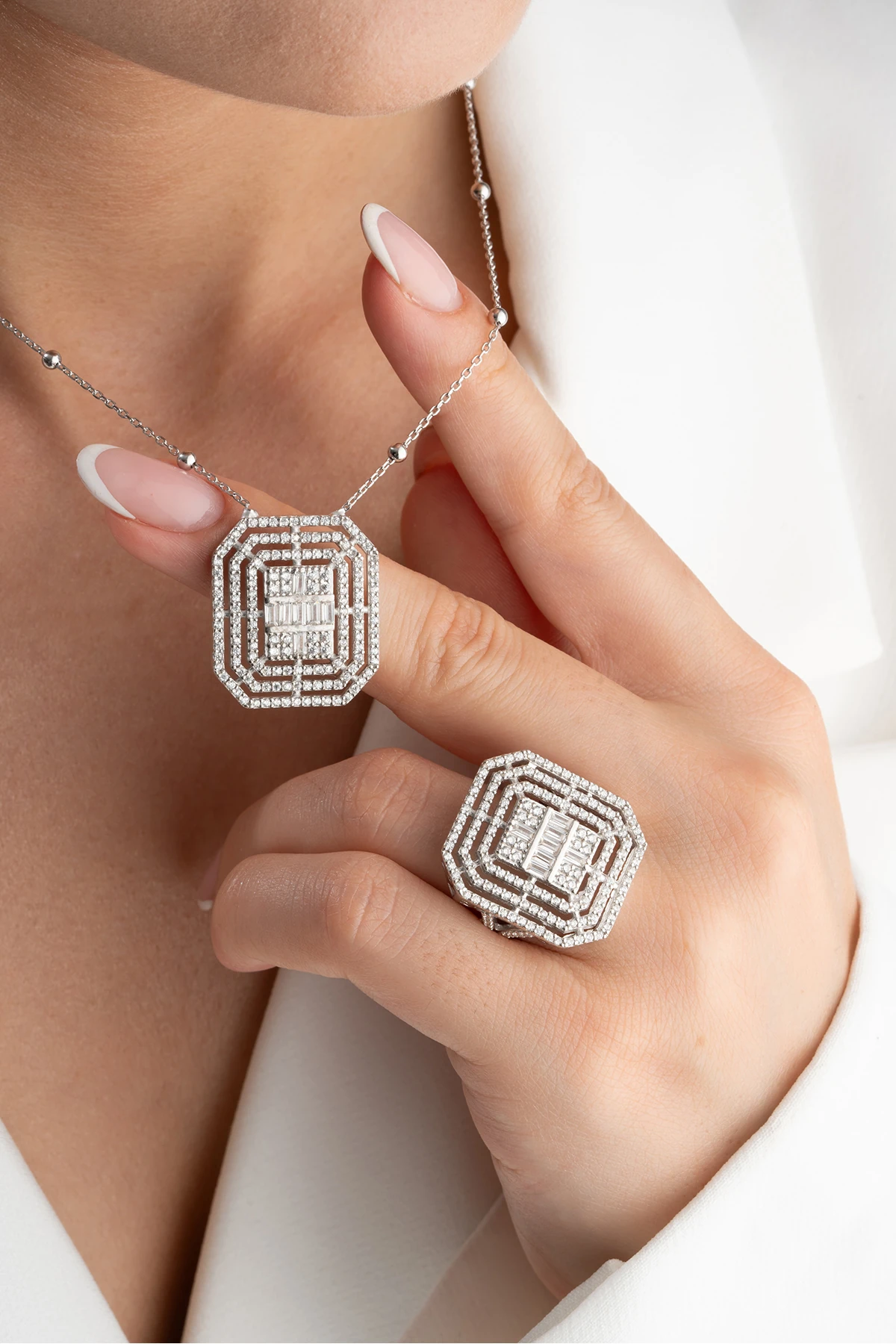 Gümüş Baget Taşlı (Kolye-Yüzük) Seti