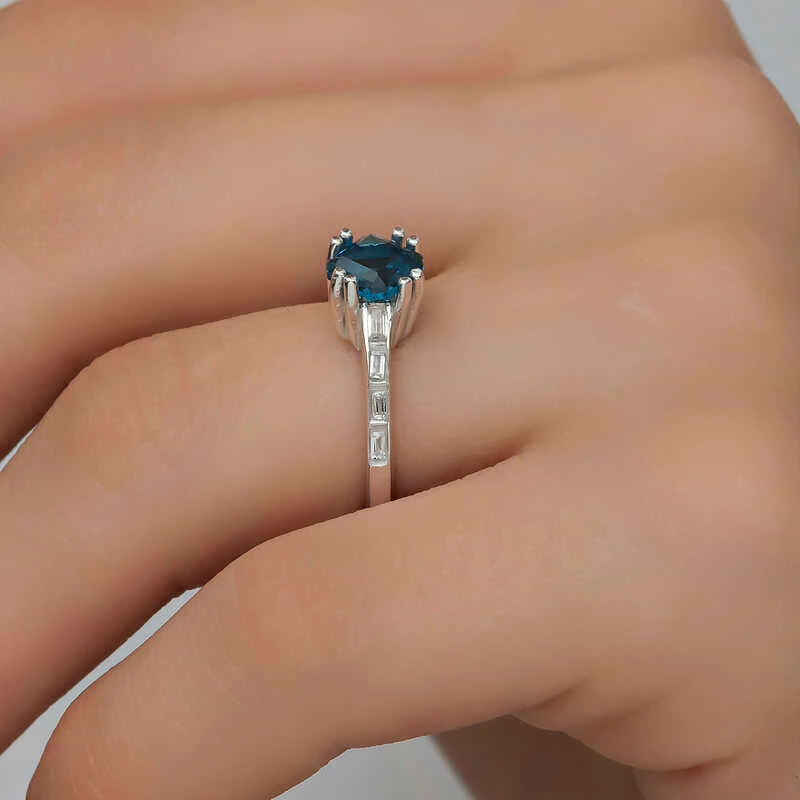 Gümüş Mavi Baget Tek Taş Kadın Yüzük