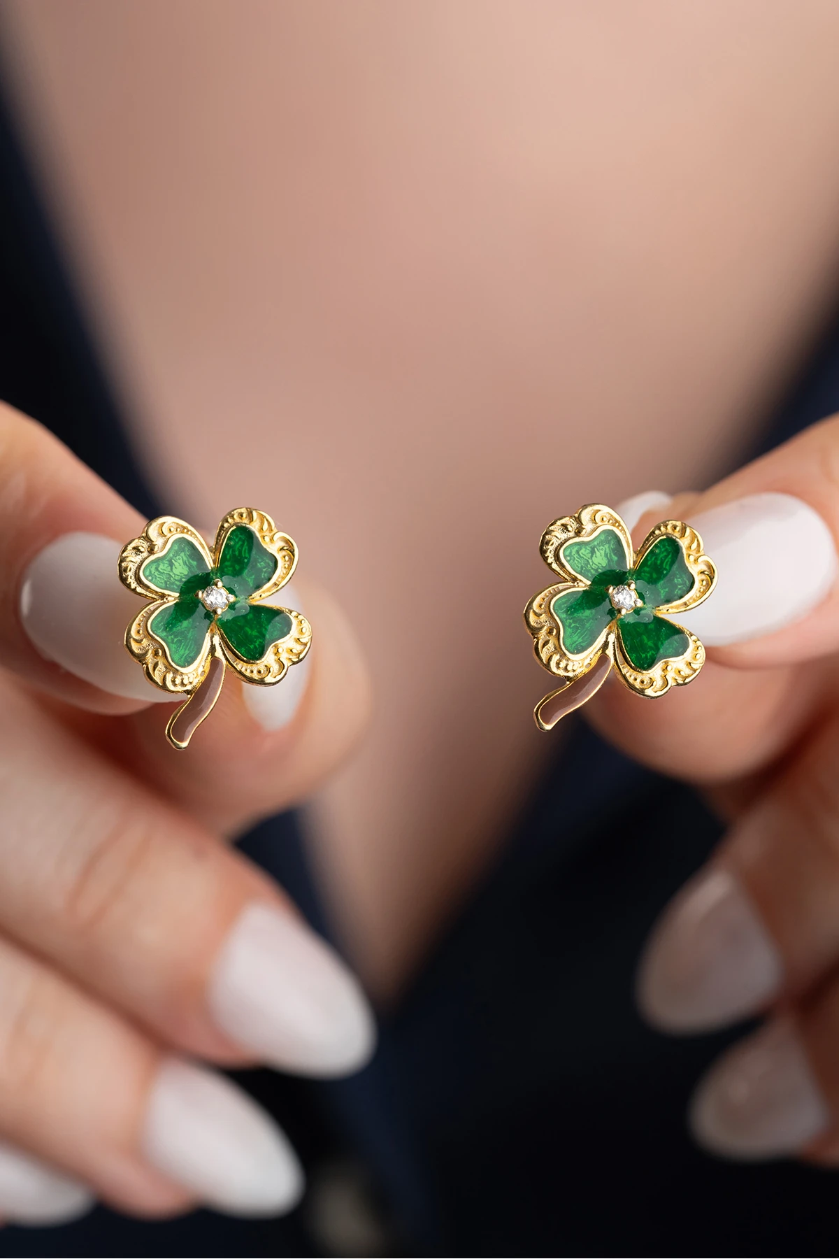 Gümüş Gold Mineli Yonca Küpe