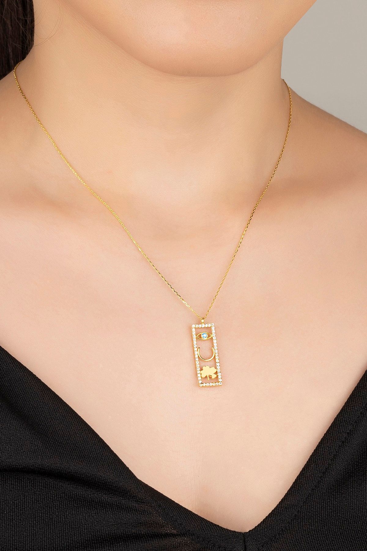 Gold Plaka Şans Gümüş Kolye