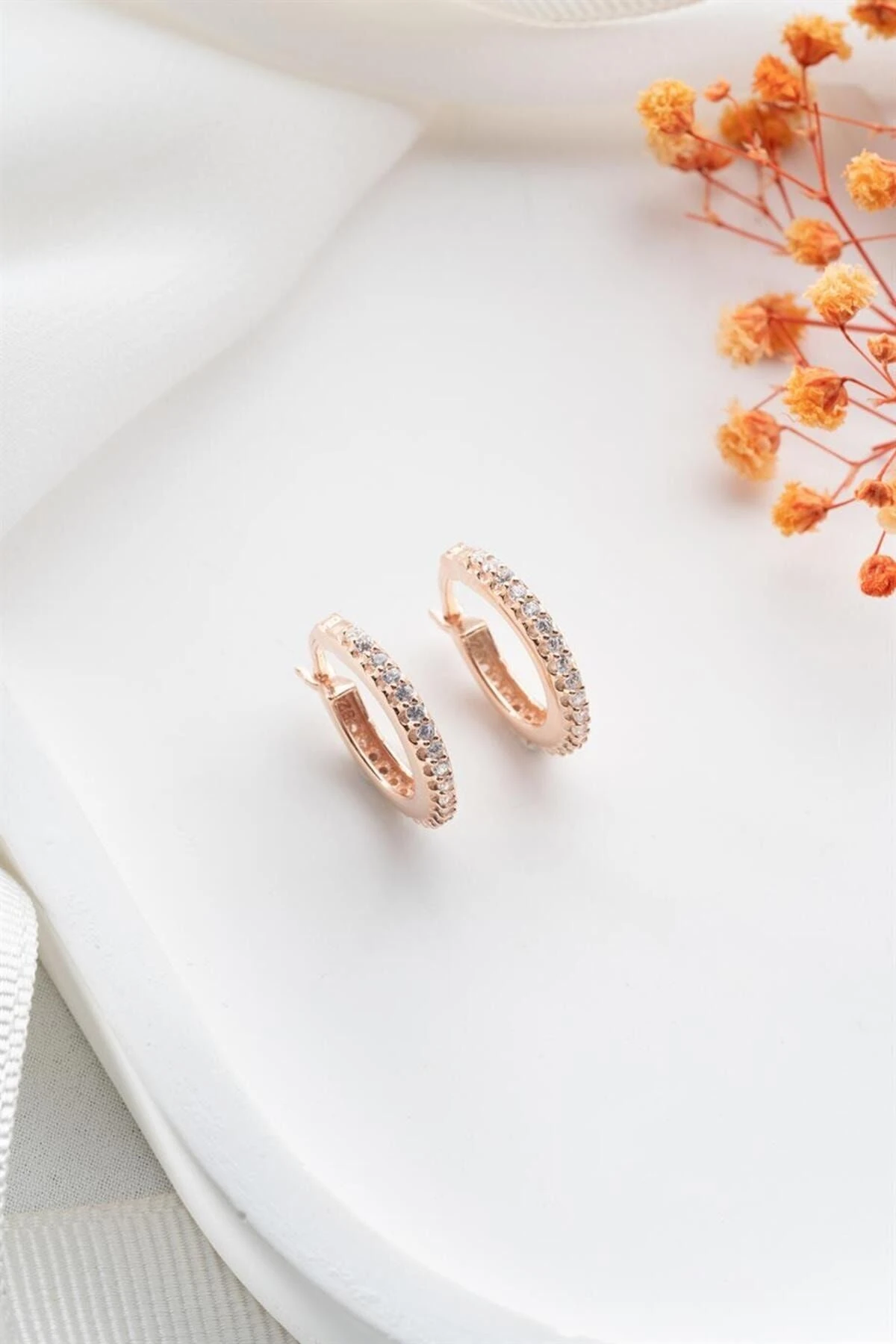 Rose Sıra Taşlı Halka Gümüş Küpe