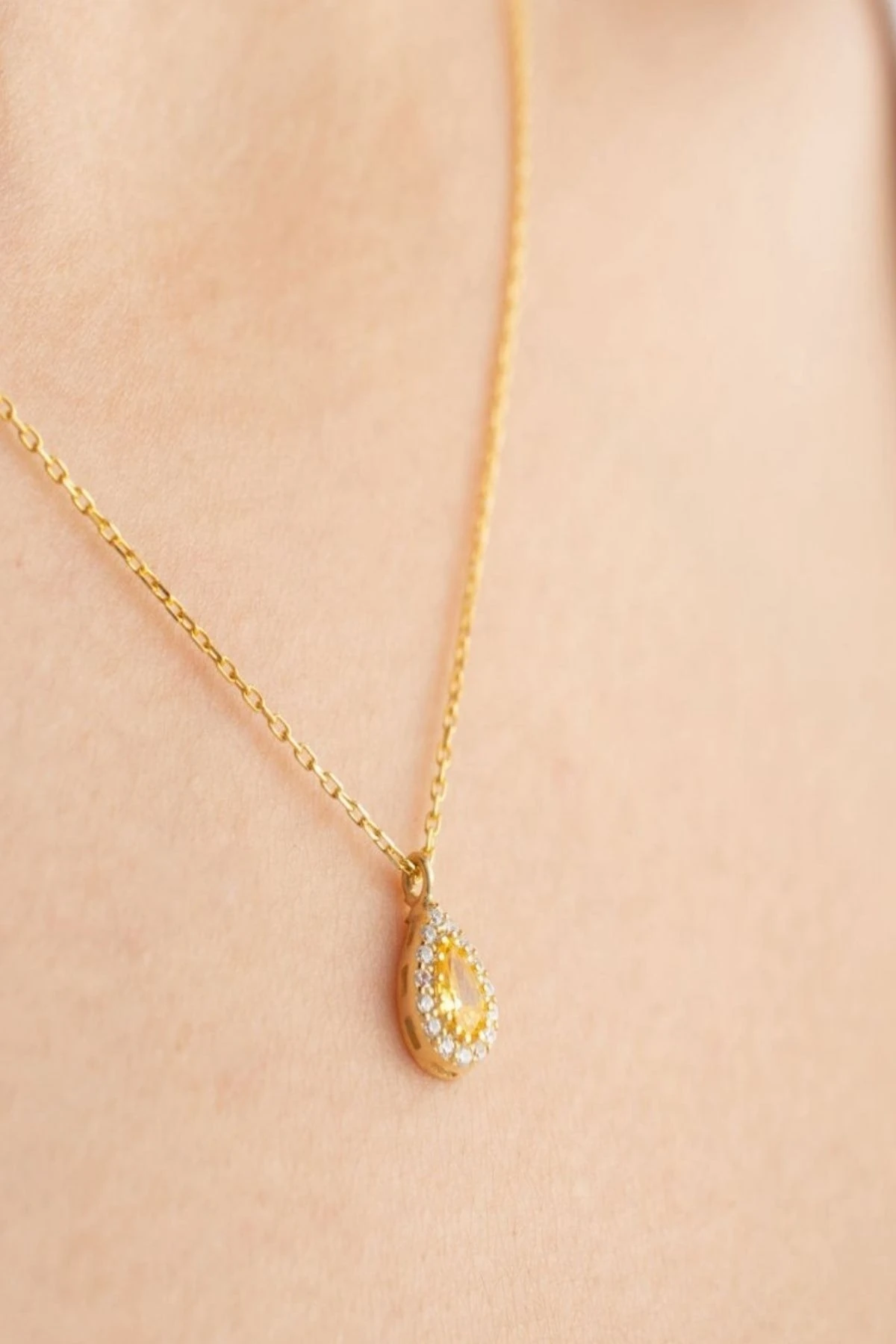 Gümüş Kasım Ayı Doğum Taşı ( Citrine ) Damla Kolye