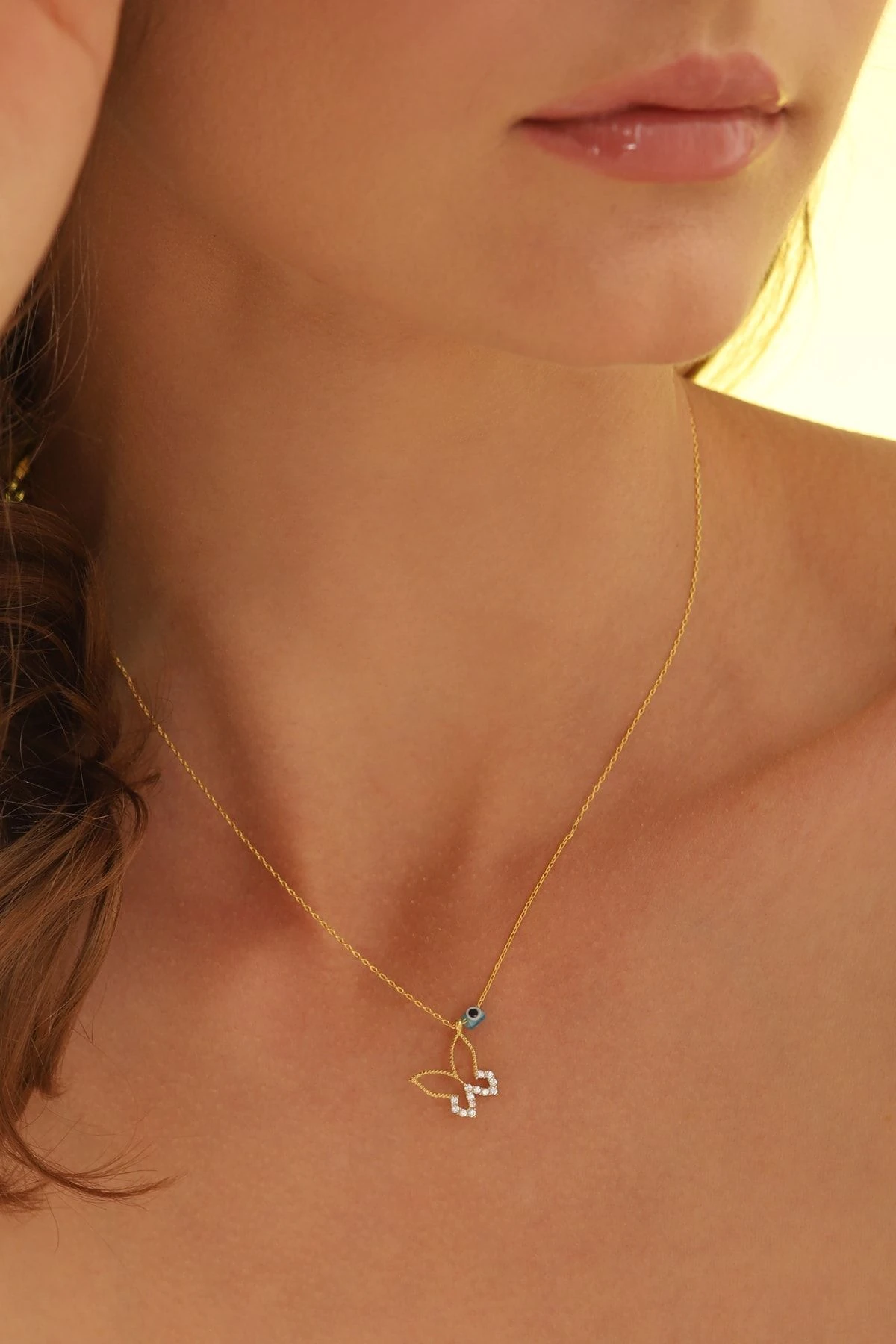 Nazarlı Kelebek Gold Gümüş Kolye