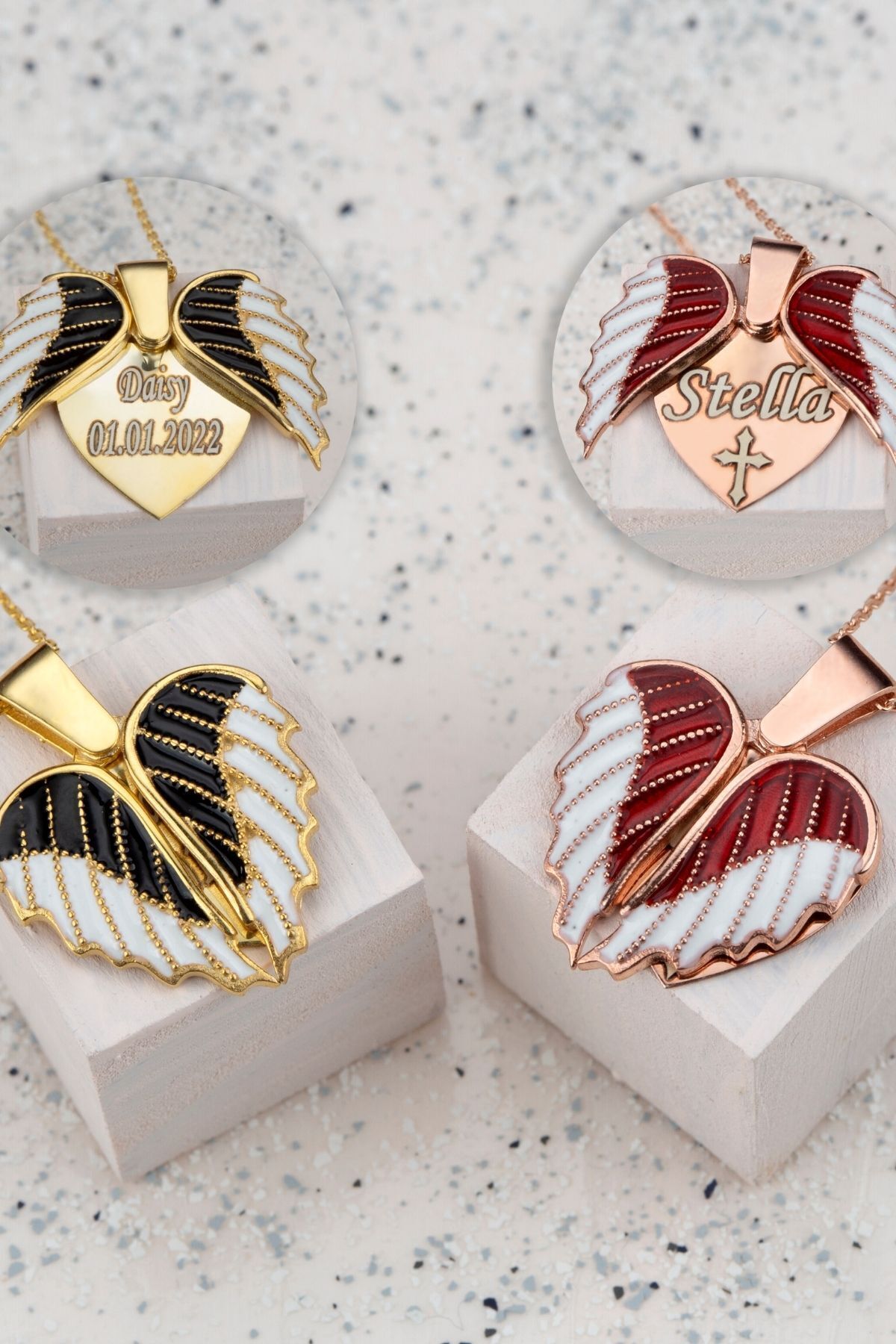 Gümüş Kırmızı Mineli Kanatlı Kalp Kolye