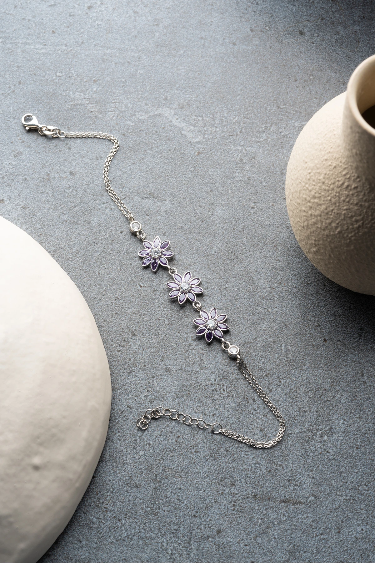 Gümüş Mor Taşlı 3'lü Lotus Bileklik