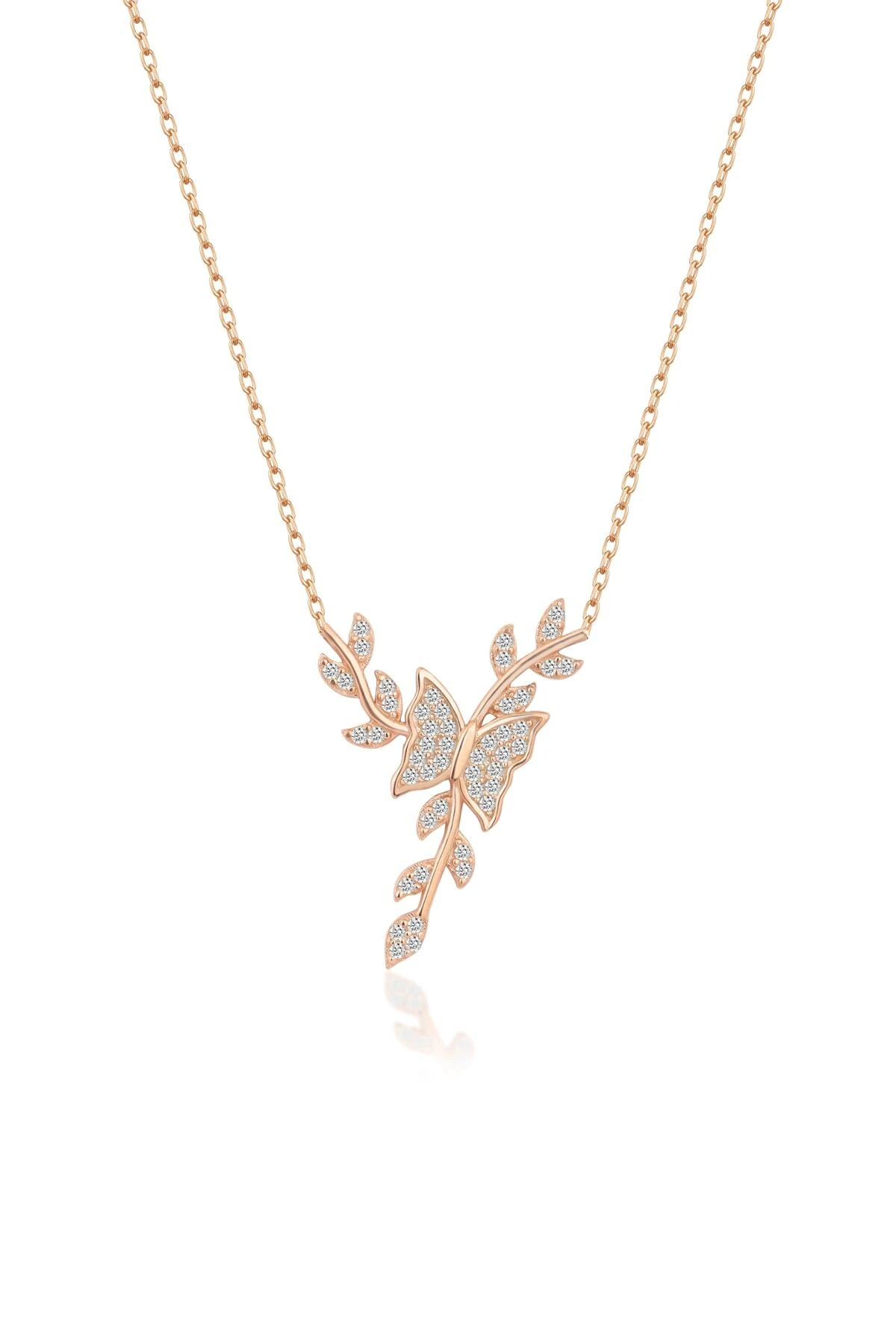 Gümüş Rose Daldaki Kelebek Kolye