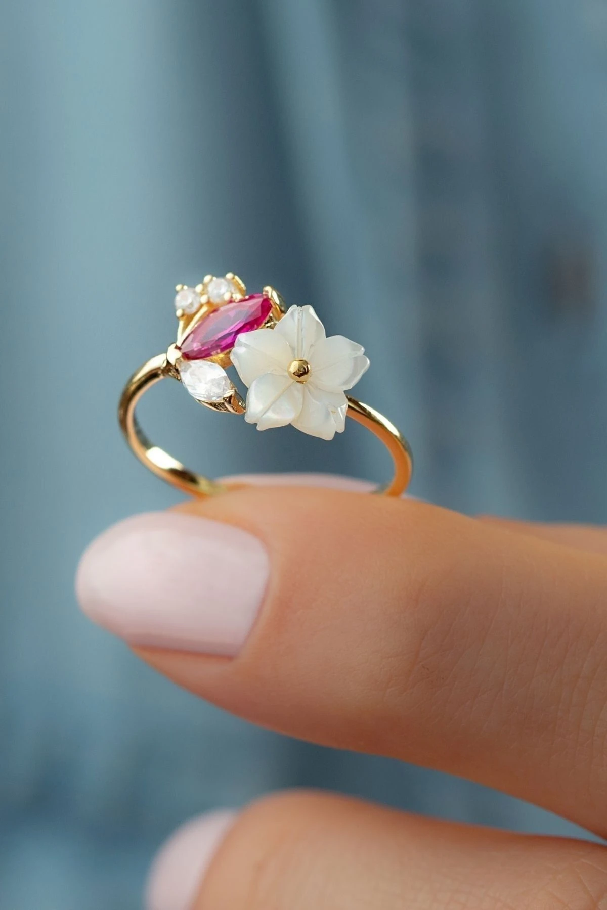 Gold Gümüş Sedefli Çiçek Yüzük