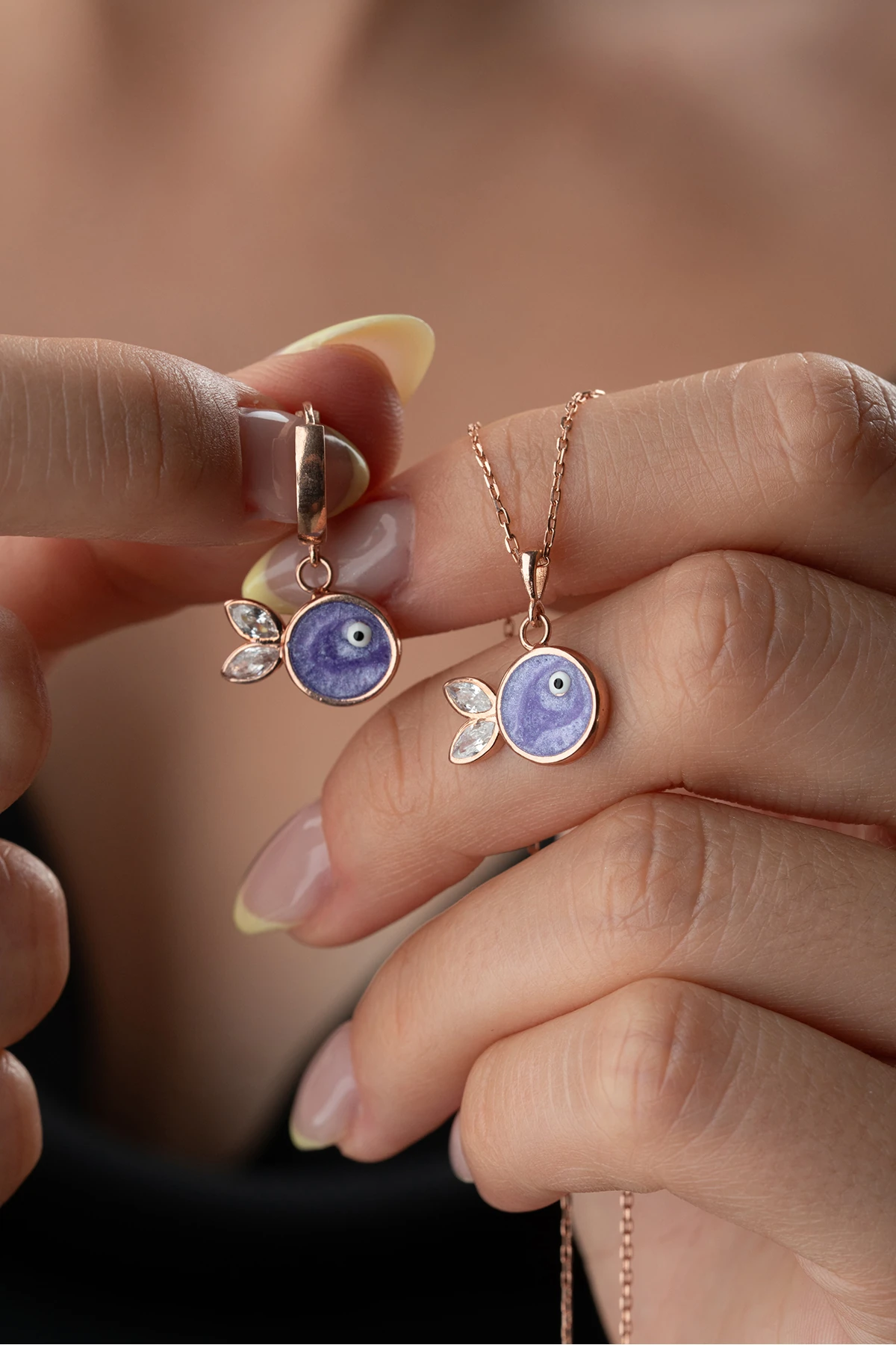 Gümüş Mor Mineli Balık (Kolye-Küpe) Takı Seti