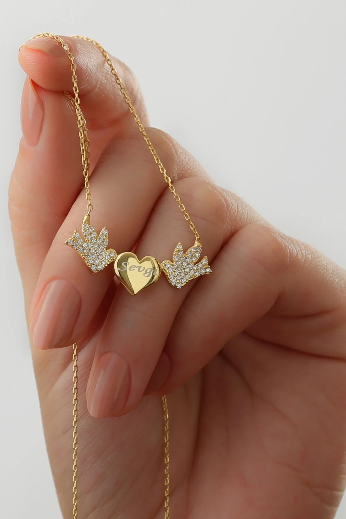 Gümüş Kişiye Özel Kalpli Kuşlar Kolyesi