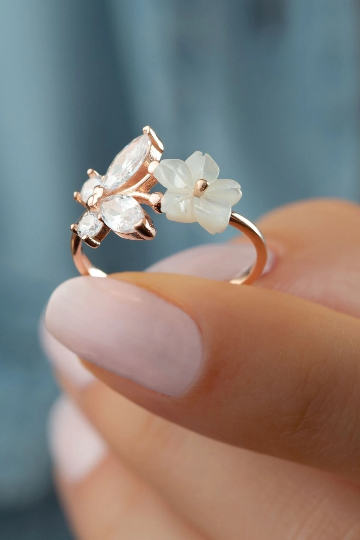 Rose Gümüş Kelebek Sedefli Yüzük