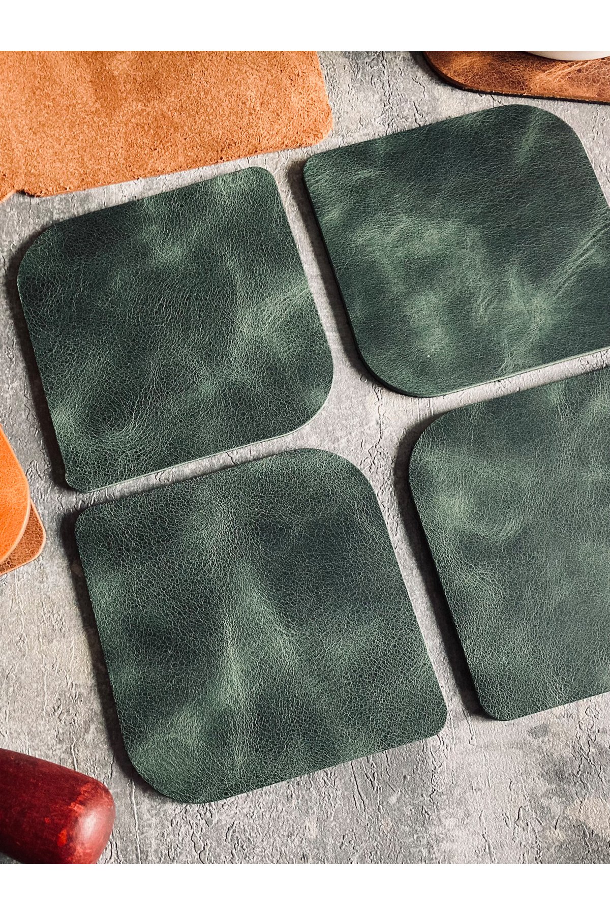 Set of 4 Genuine Leather Oval Coasters | Bretya Leather - Dark Green