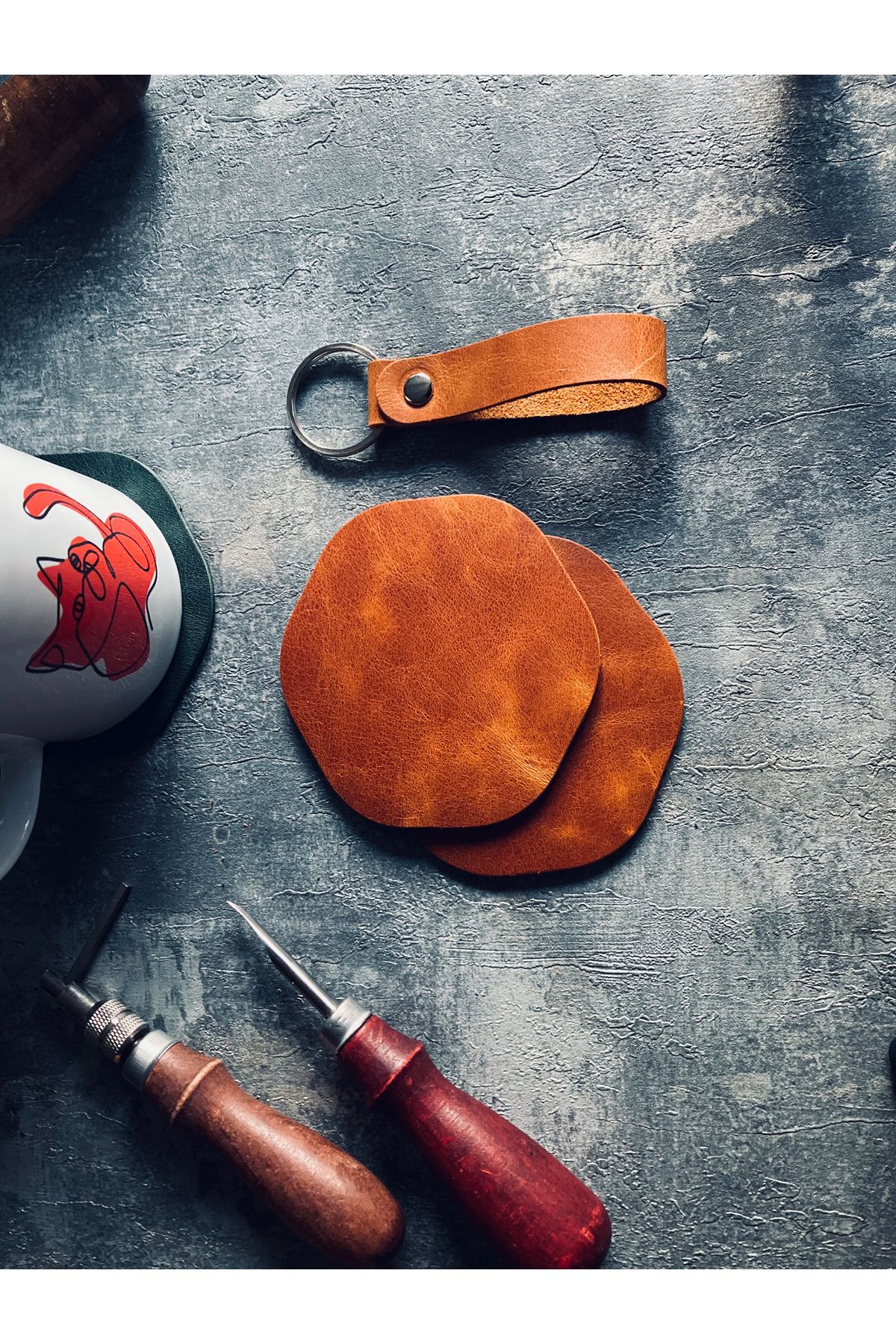 Set of 3 Genuine Leather Coasters | Bretya Leather - Camel