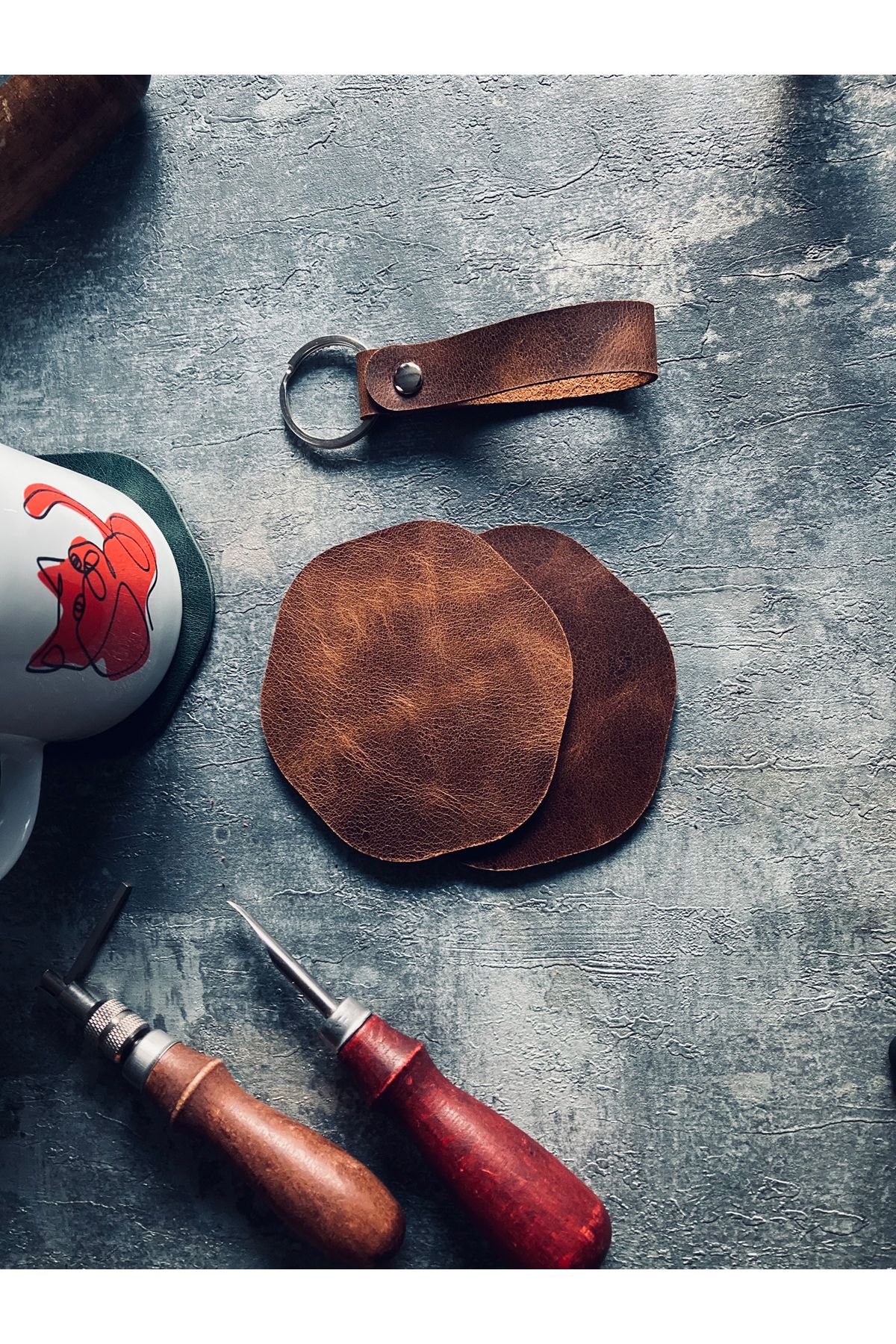 Set of 3 Genuine Leather Coasters | Bretya Leather - Tan