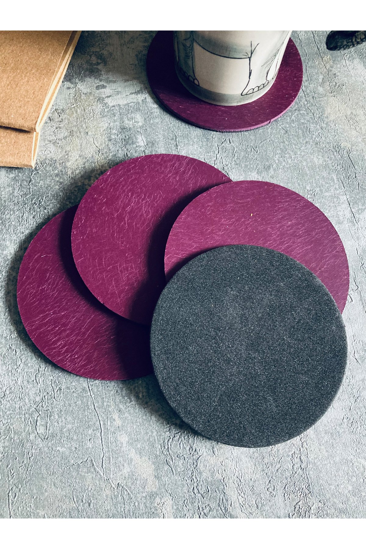 Set of 4 Genuine Leather Round Coaster - Purple Leather | Bretya Leather